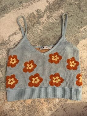 Zara Light Blue Tank Top with Orange and Yellow Floral Knit